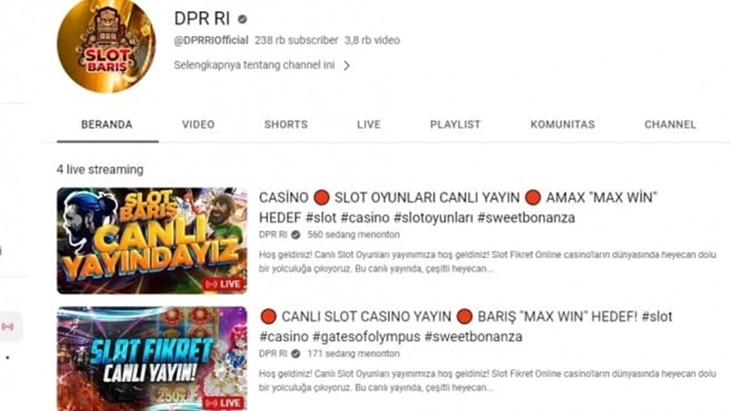 Akun YouTube DPR RI Diretas dan Menyiarkan Judi Online Slot